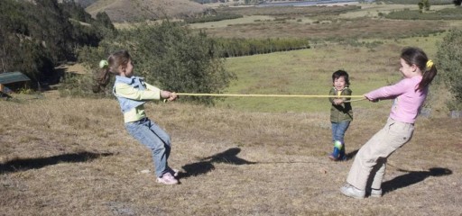 A group of children playing tug of war.