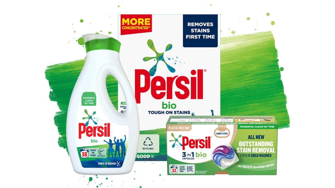 Three Persil bio products against a green paint stroke background
