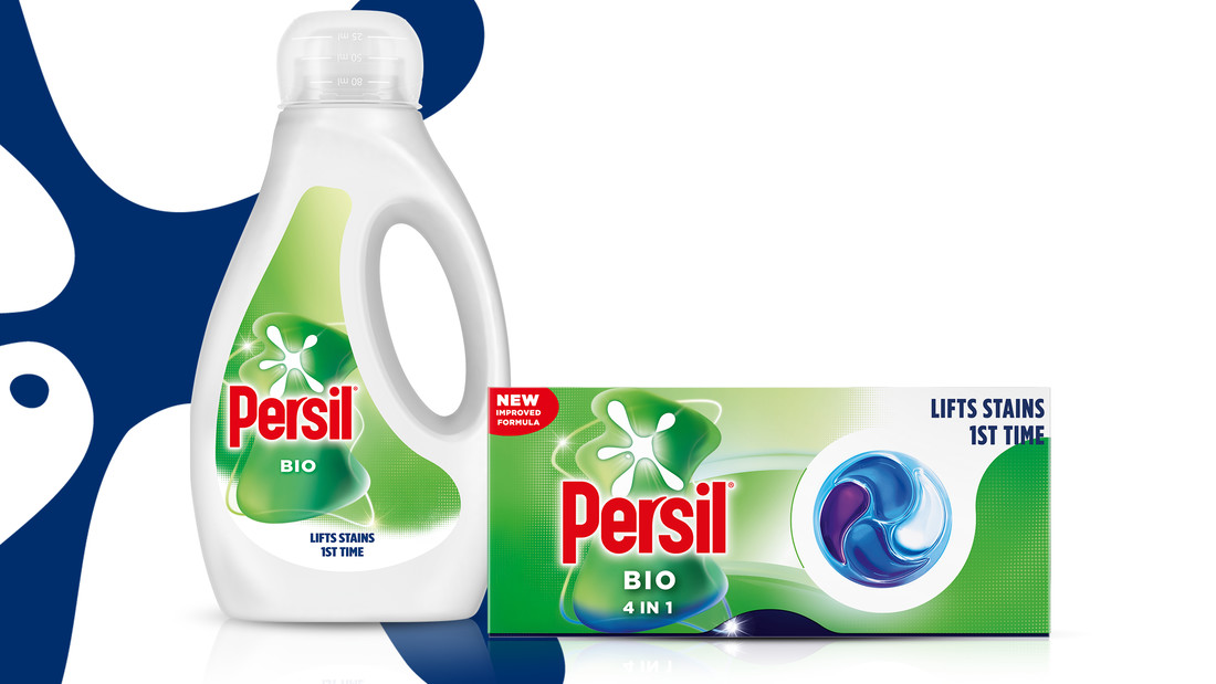 Three Persil bio products against persil splat logo