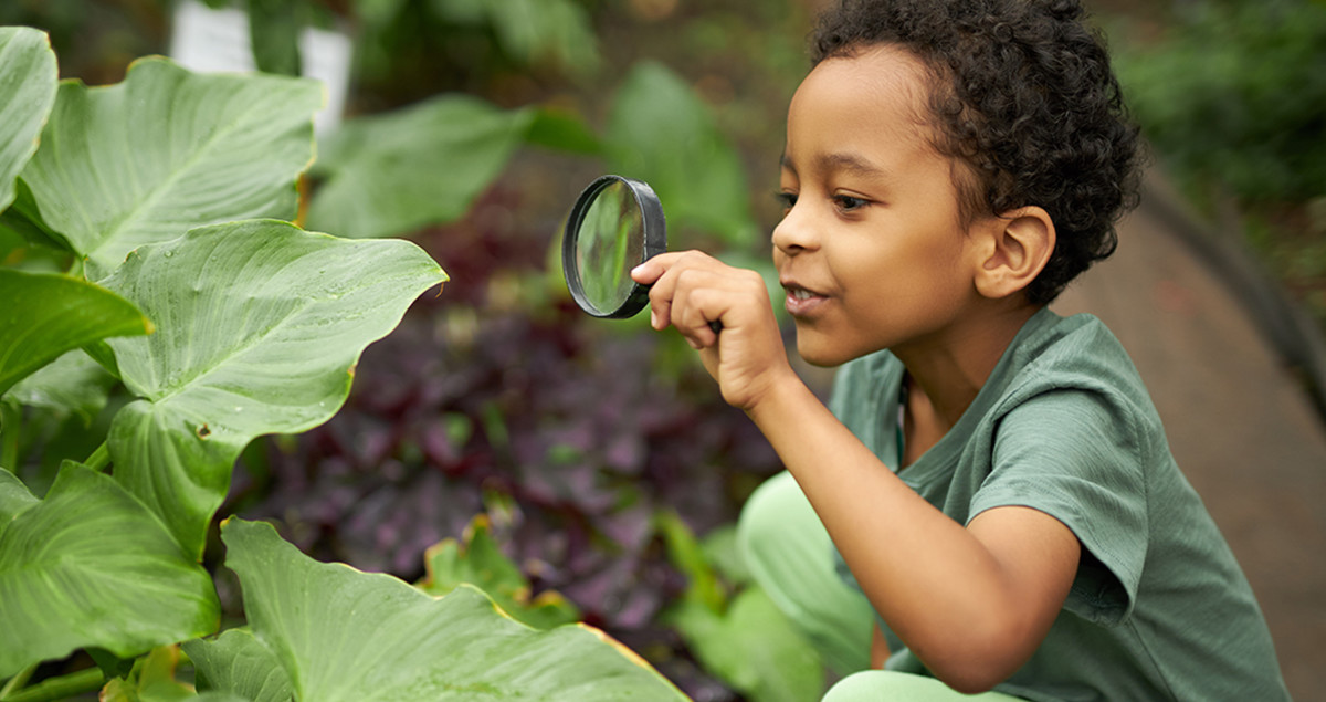 Child looking through a magnifying glass