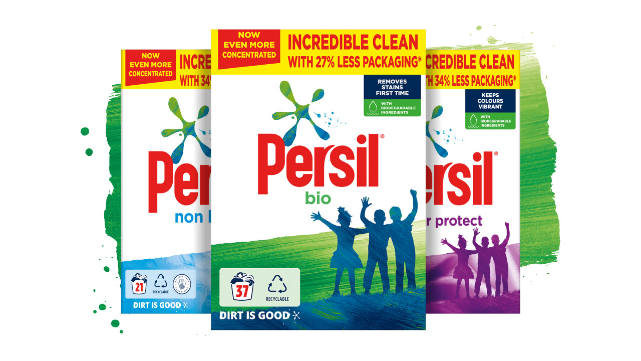 Three Persil Powder boxes against a green paint stroke background