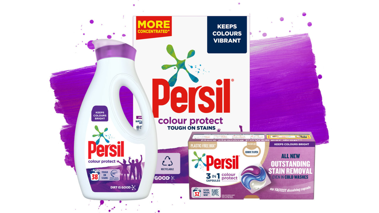Three Persil Colour Protect products against a purple paint stroke background