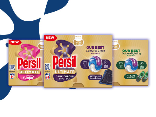 three ultimate capsules boxes with persil splat logo behind