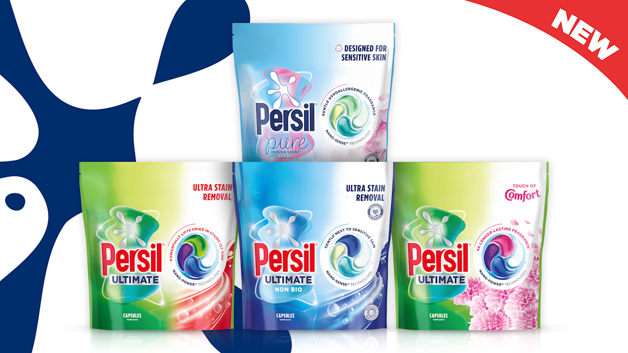 three ultimate capsules boxes with persil splat logo behind