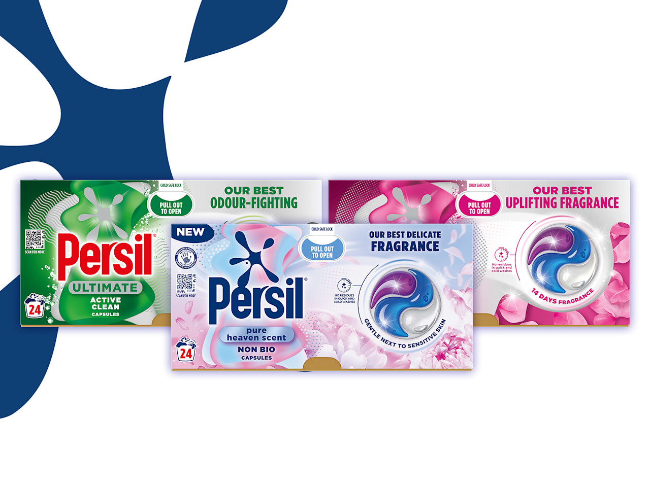 three ultimate capsules boxes with persil splat logo behind