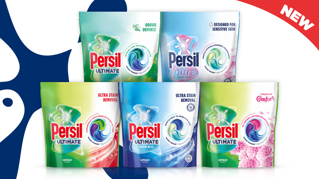 Three Persil capsules boxes against persil logo splat
