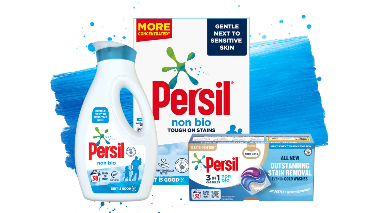 Three Persil Non-bio products against a blue paint stroke background