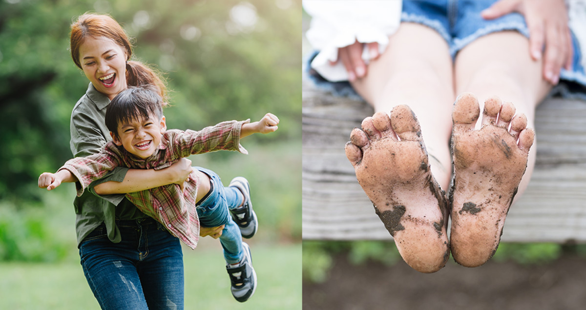 A side by side of a parent laughing with their child and muddy feet