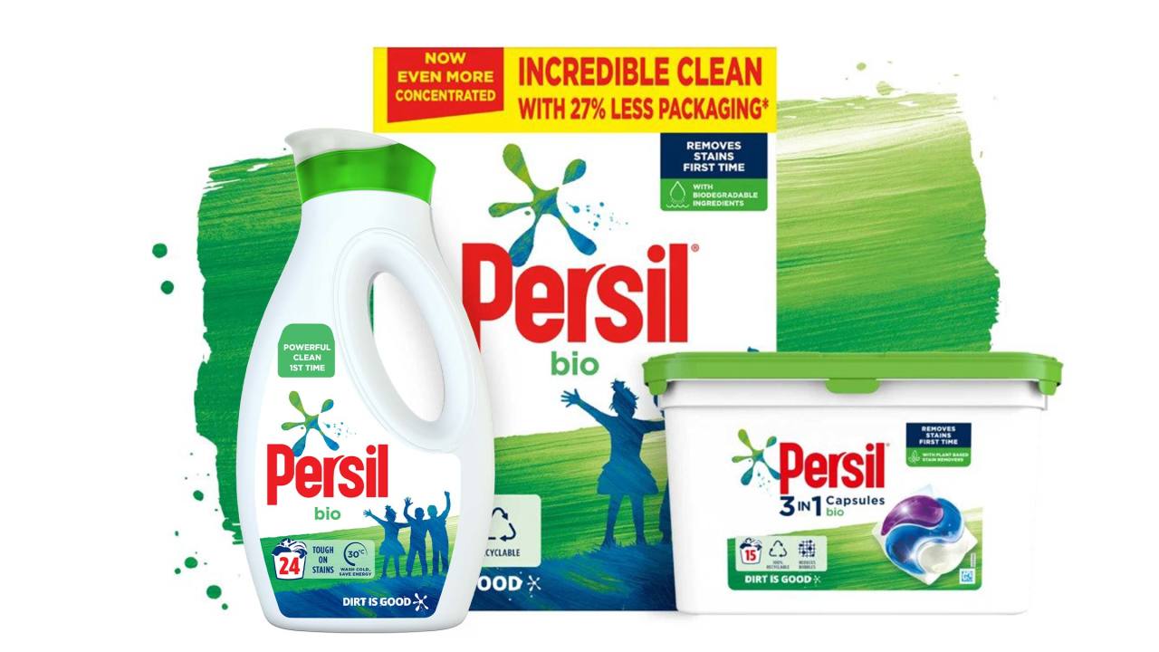 Three Persil bio products against a green paint stroke background