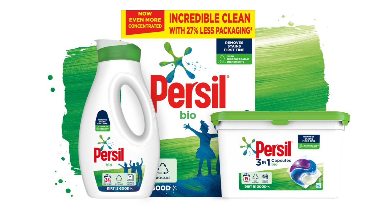 Three Persil bio products against a green paint stroke background