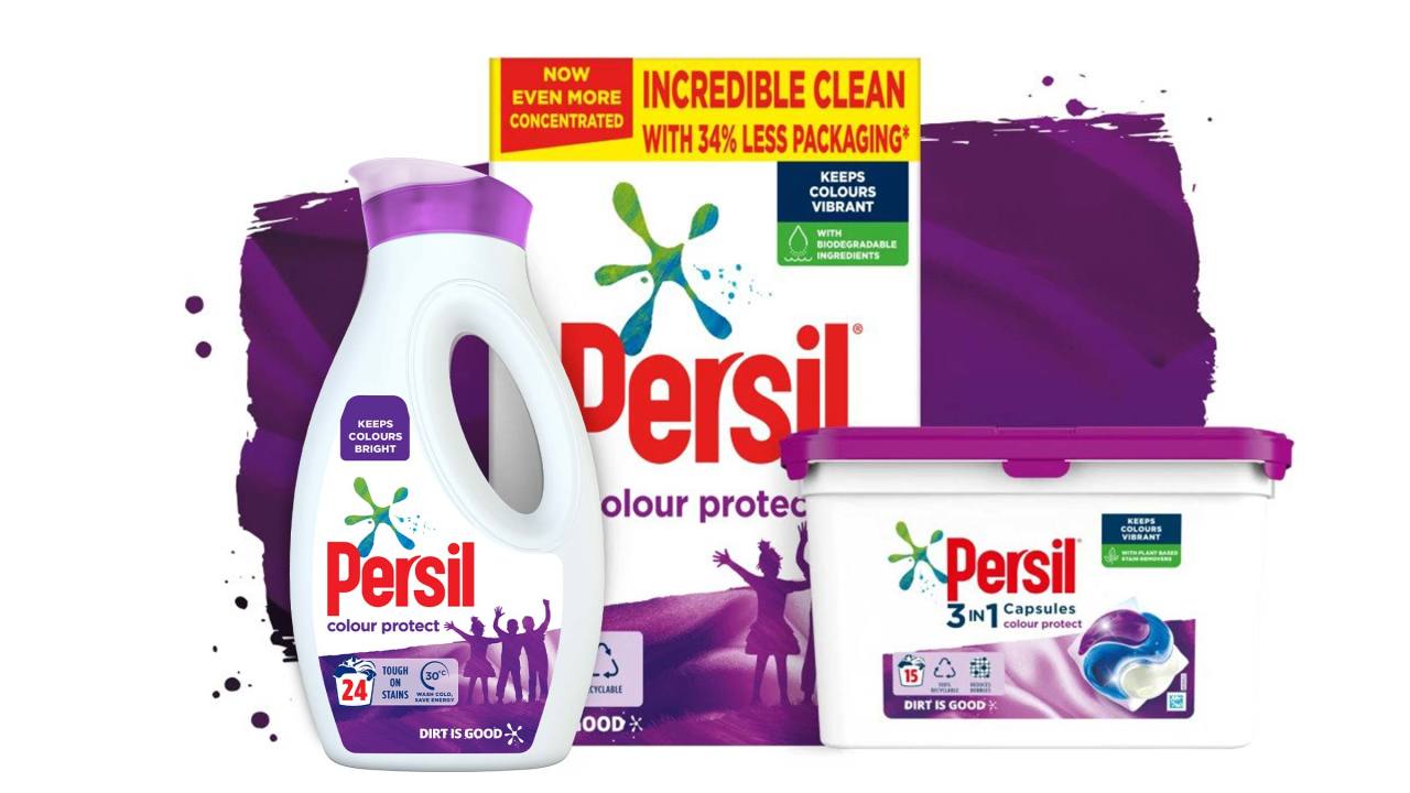 Three Persil Colour Protect products against a purple paint stroke background