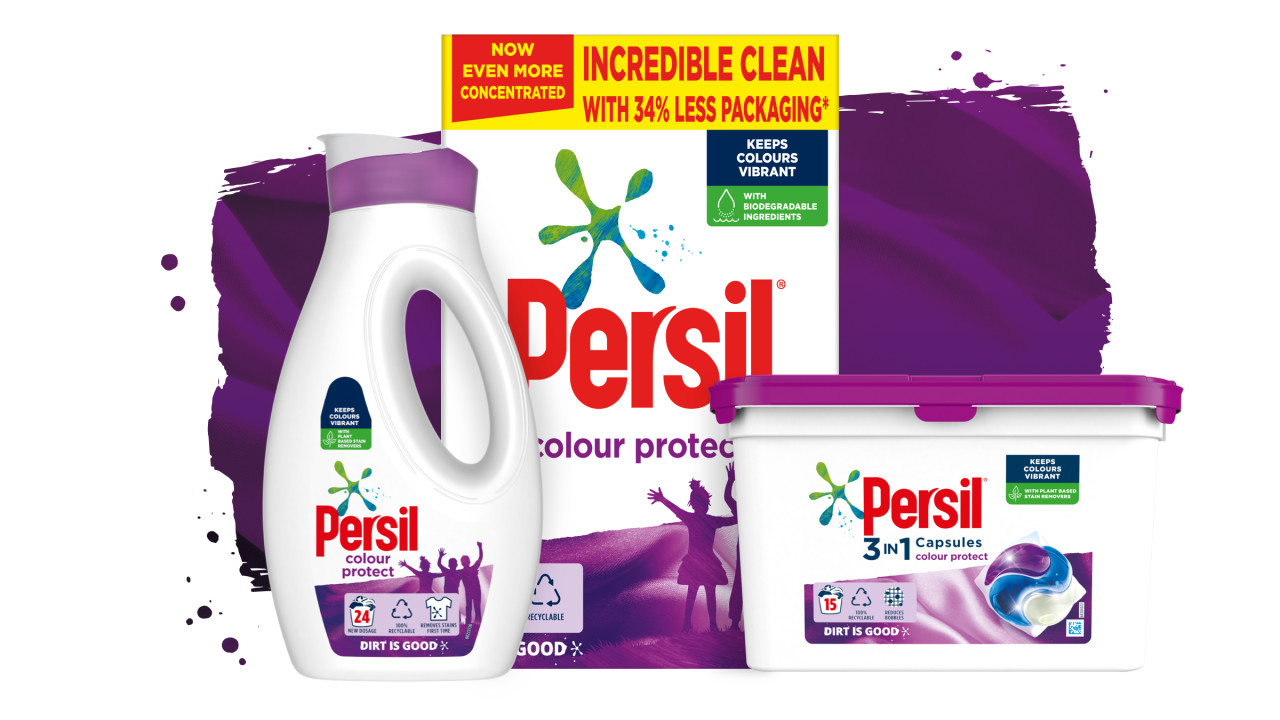 Three Persil Colour Protect products against a purple paint stroke background