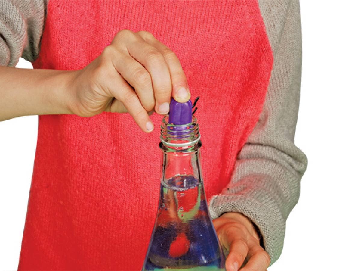 Person putting plastic bug in bottle