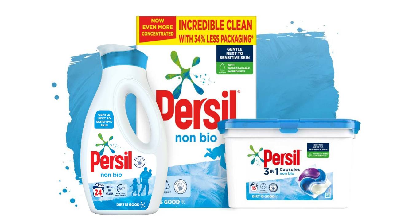 Three Persil Non-bio products against a blue paint stroke background