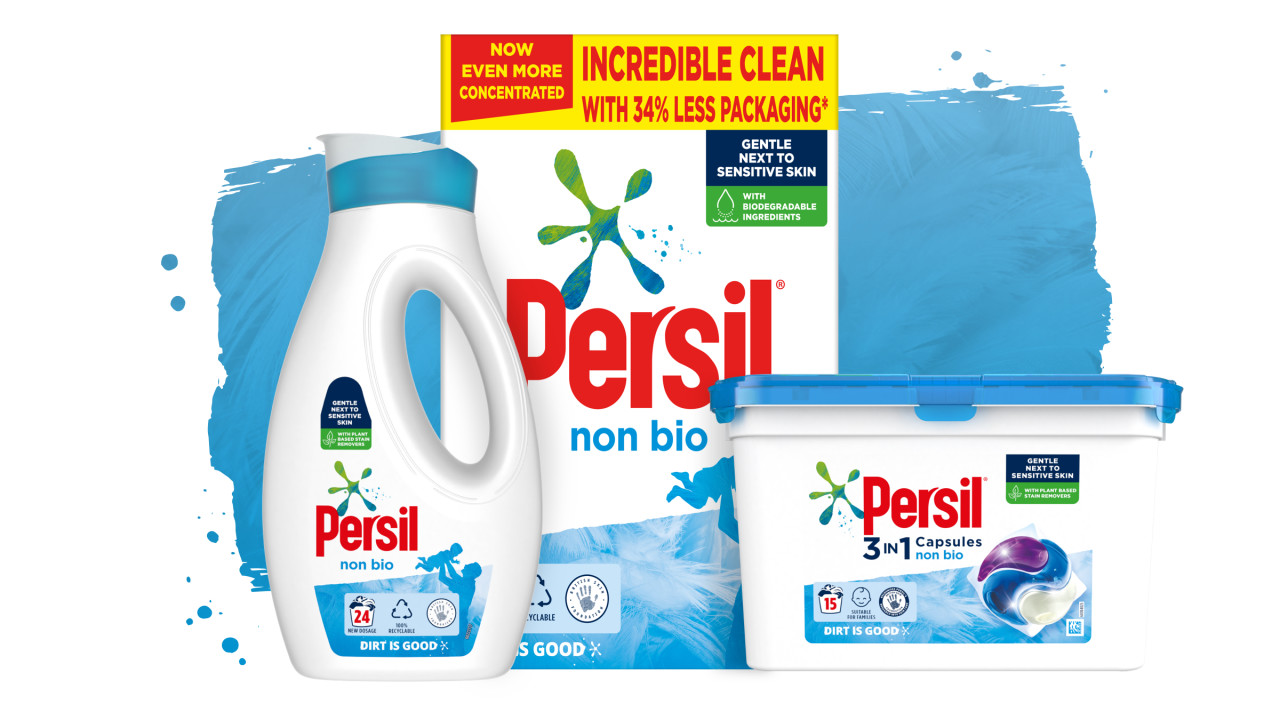 Three Persil Non-bio products against a blue paint stroke background