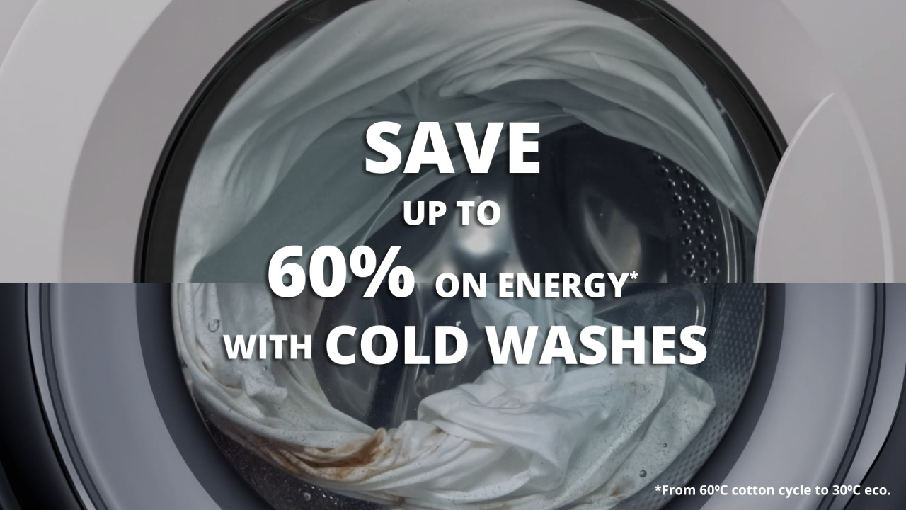 An image of a washing machine removing mud stains from white fabric clothing. Text on the image states ‘By washing at 30 degrees, you can save up to 60% energy* and help reduce your household bills. The asterisk says, from 60⁰C cotton cycle to 30⁰C eco.