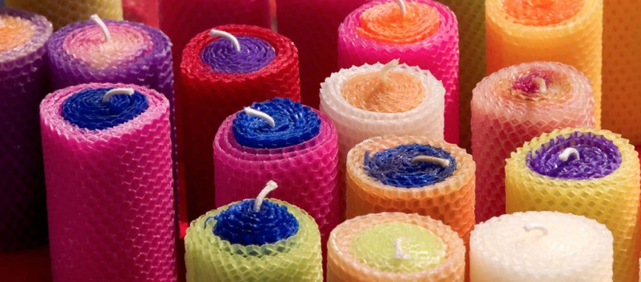 Brightly coloured candles.
